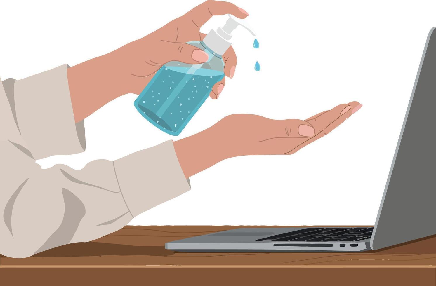 Hand using sanitizer spray on palm next to laptop in flat art vector