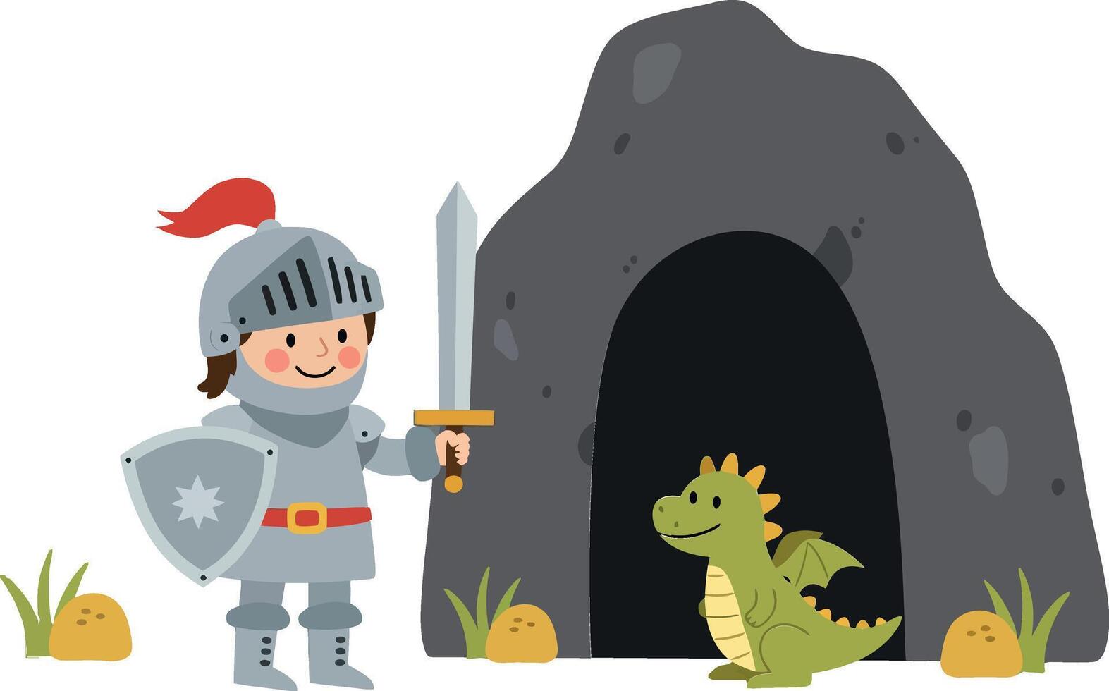Knight standing in front of cave with friendly dragon illustration vector