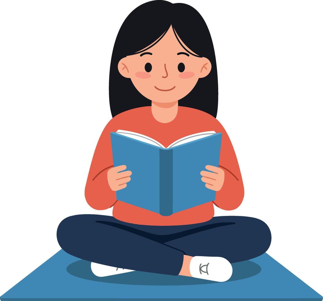 Girl sitting on mat reading book in flat art vector