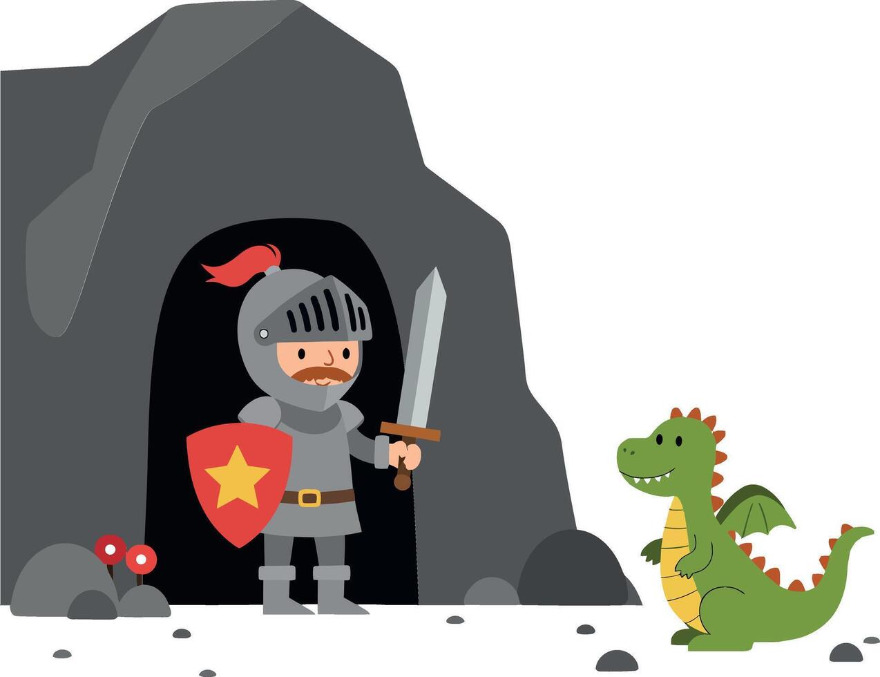 Brave knight confronting a friendly dragon in flat art vector