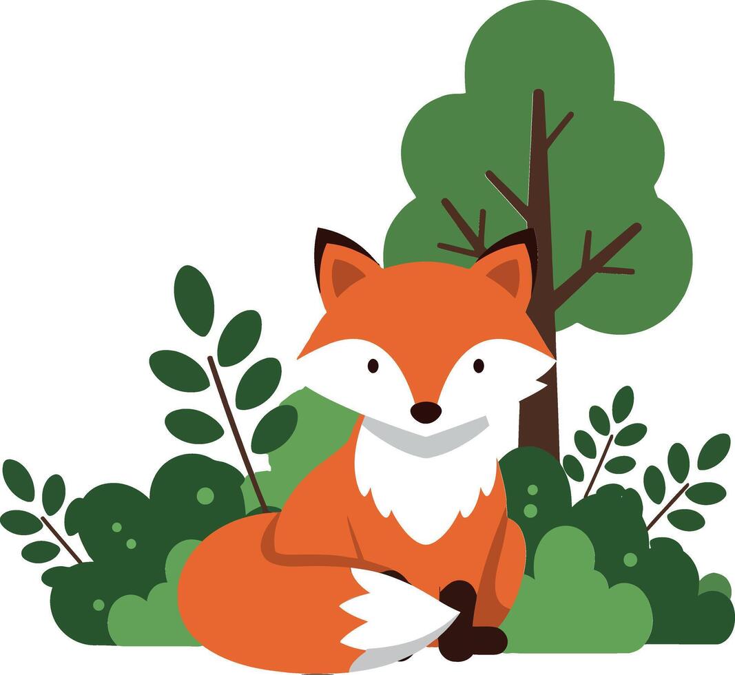 Cute orange fox resting among green bushes in flat art vector