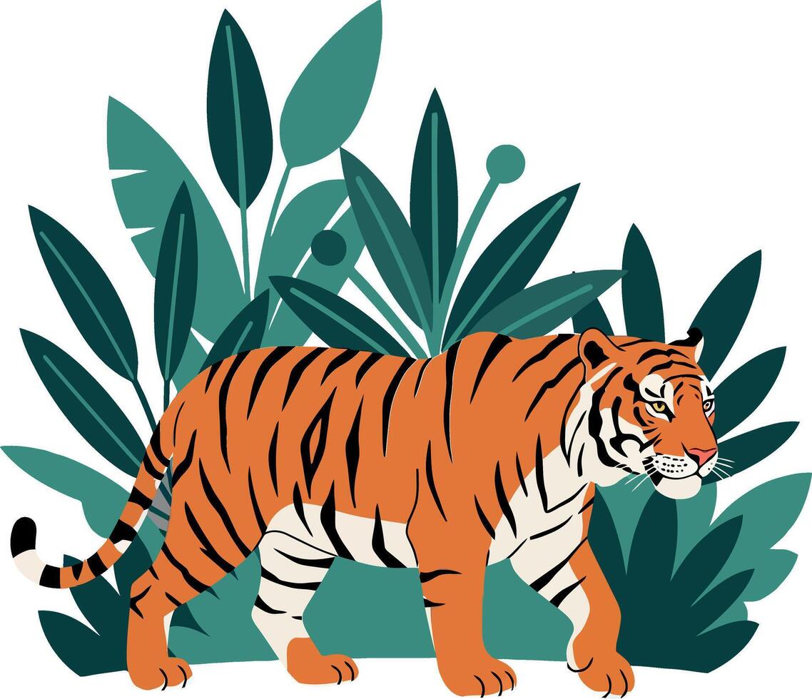 Tiger walking through lush green foliage in flat illustration vector