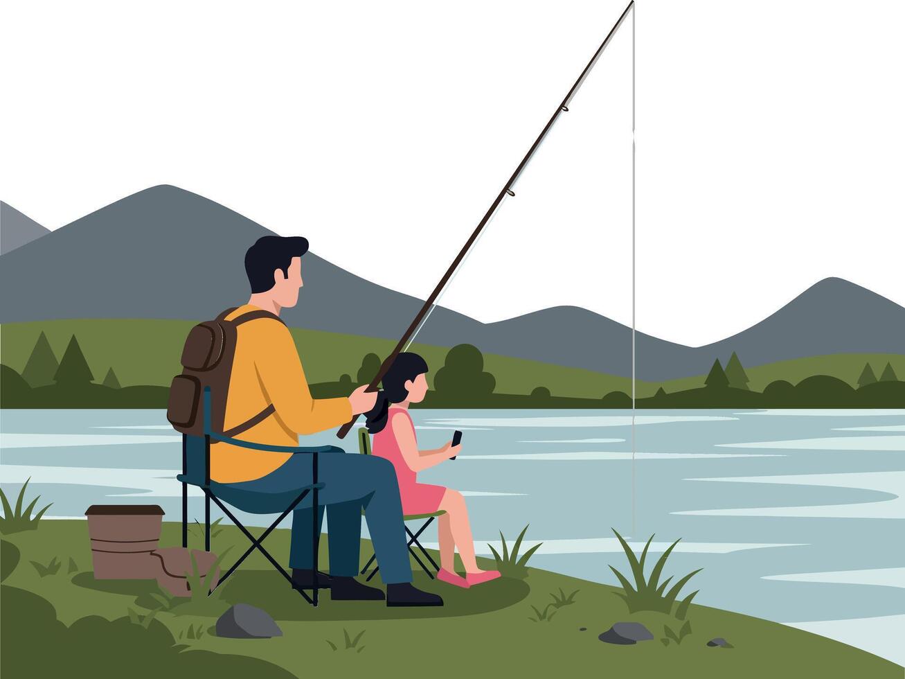 Fisherman and child enjoying peaceful day fishing in flat art vector