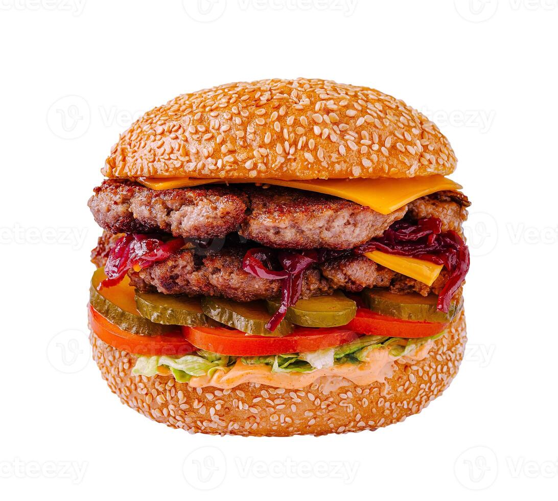 Delicious sesame seed burger with double patties, cheddar cheese, and fresh toppings on a white background photo