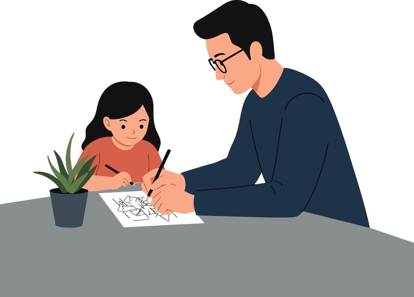 Father and daughter working together on creative project in flat art vector