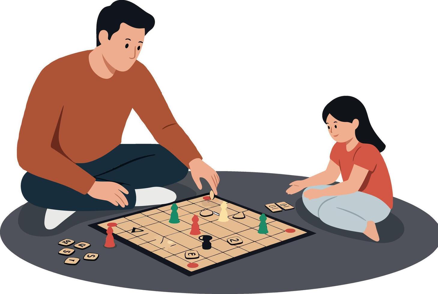 Father and daughter enjoying a board game in flat art vector