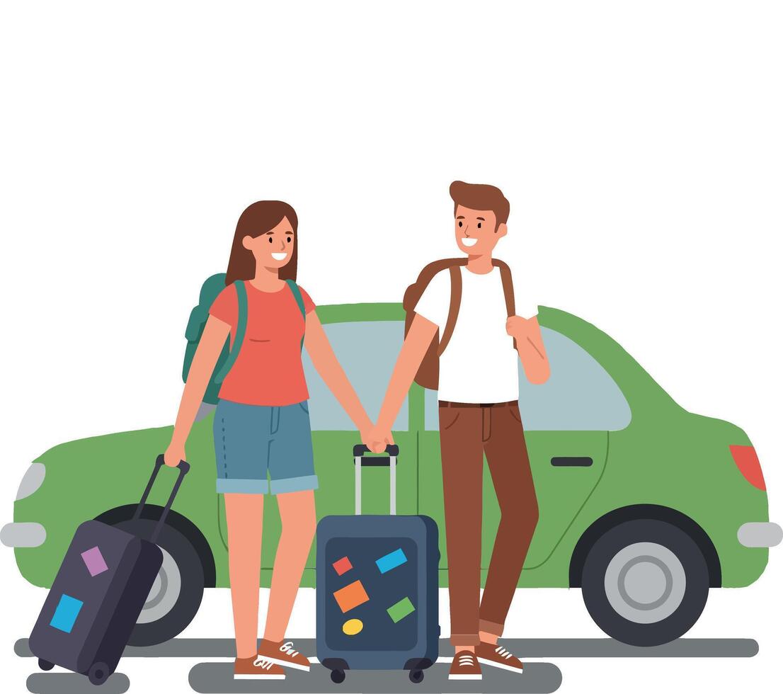 Couple with luggage standing by a green car in flat art vector