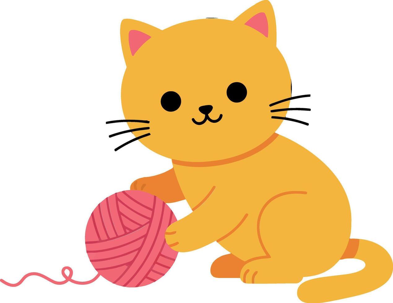Cute orange cat playing with pink yarn in flat art vector