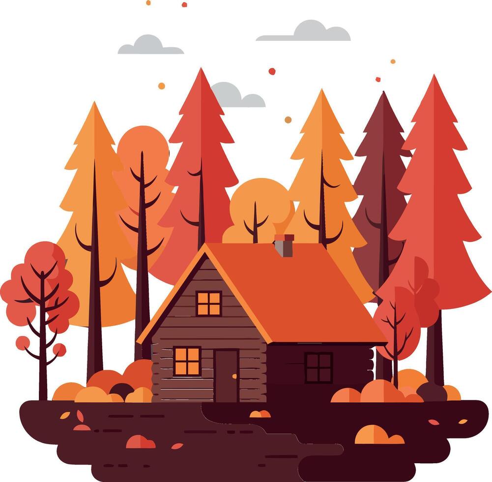 Cozy wooden cabin surrounded by autumn trees vector
