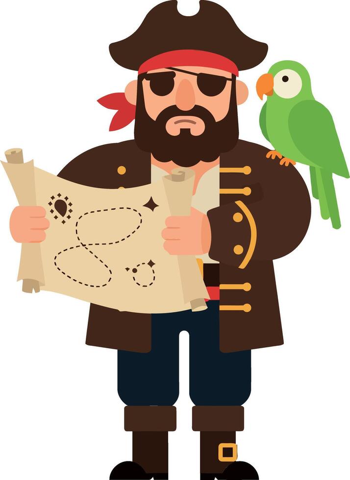 Pirate character holding a treasure map with a parrot illustration vector