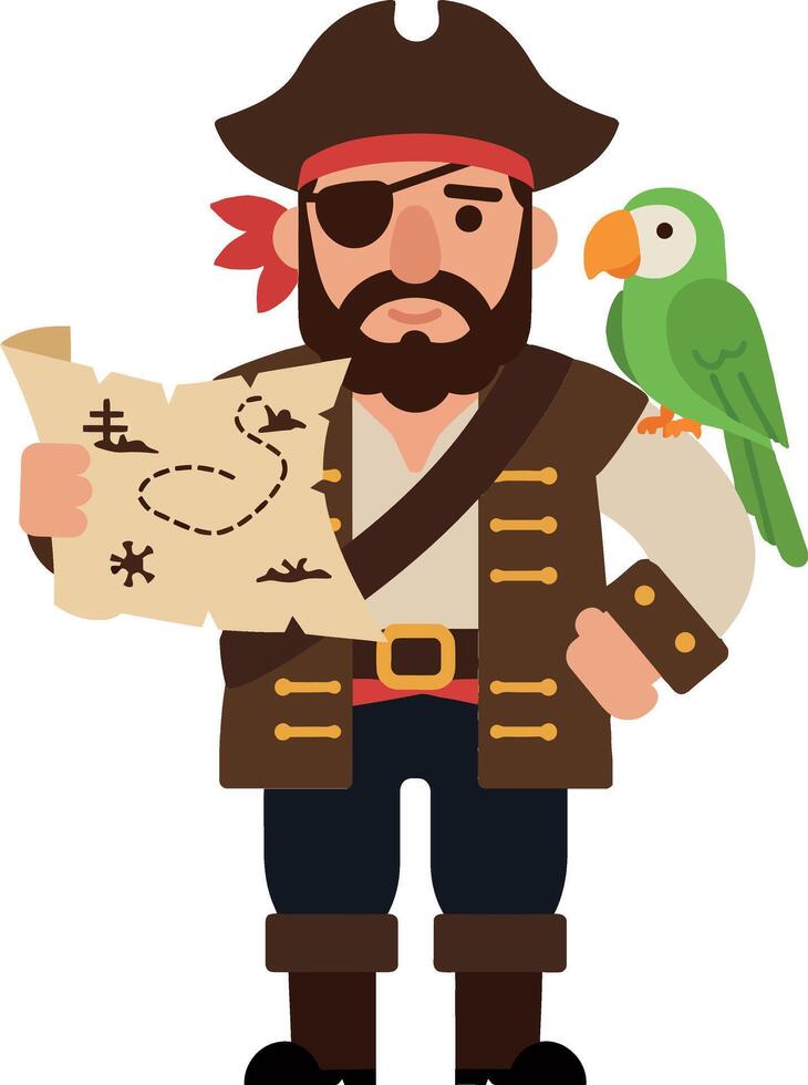Pirate character holding a treasure map with a parrot flat art vector