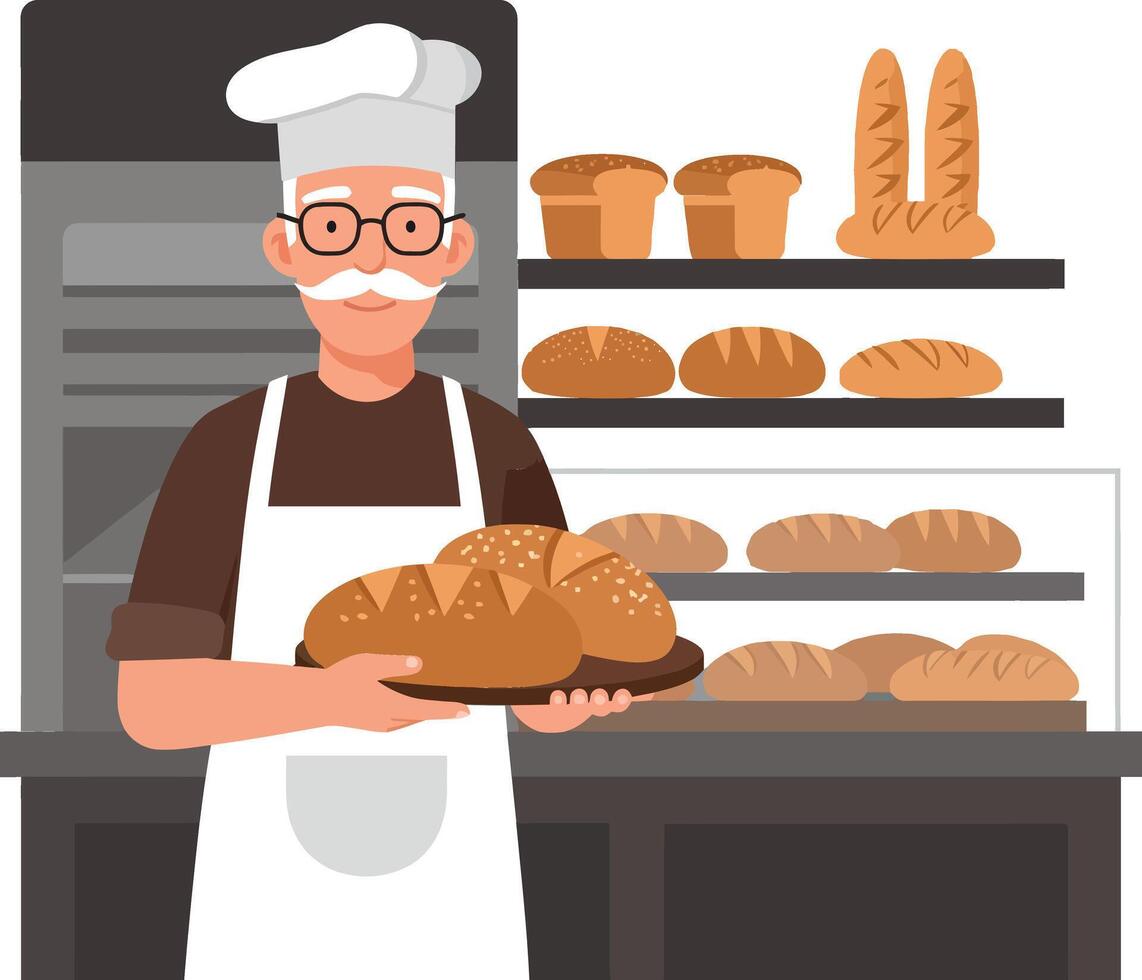 Friendly baker holding fresh bread loaves in flat art vector