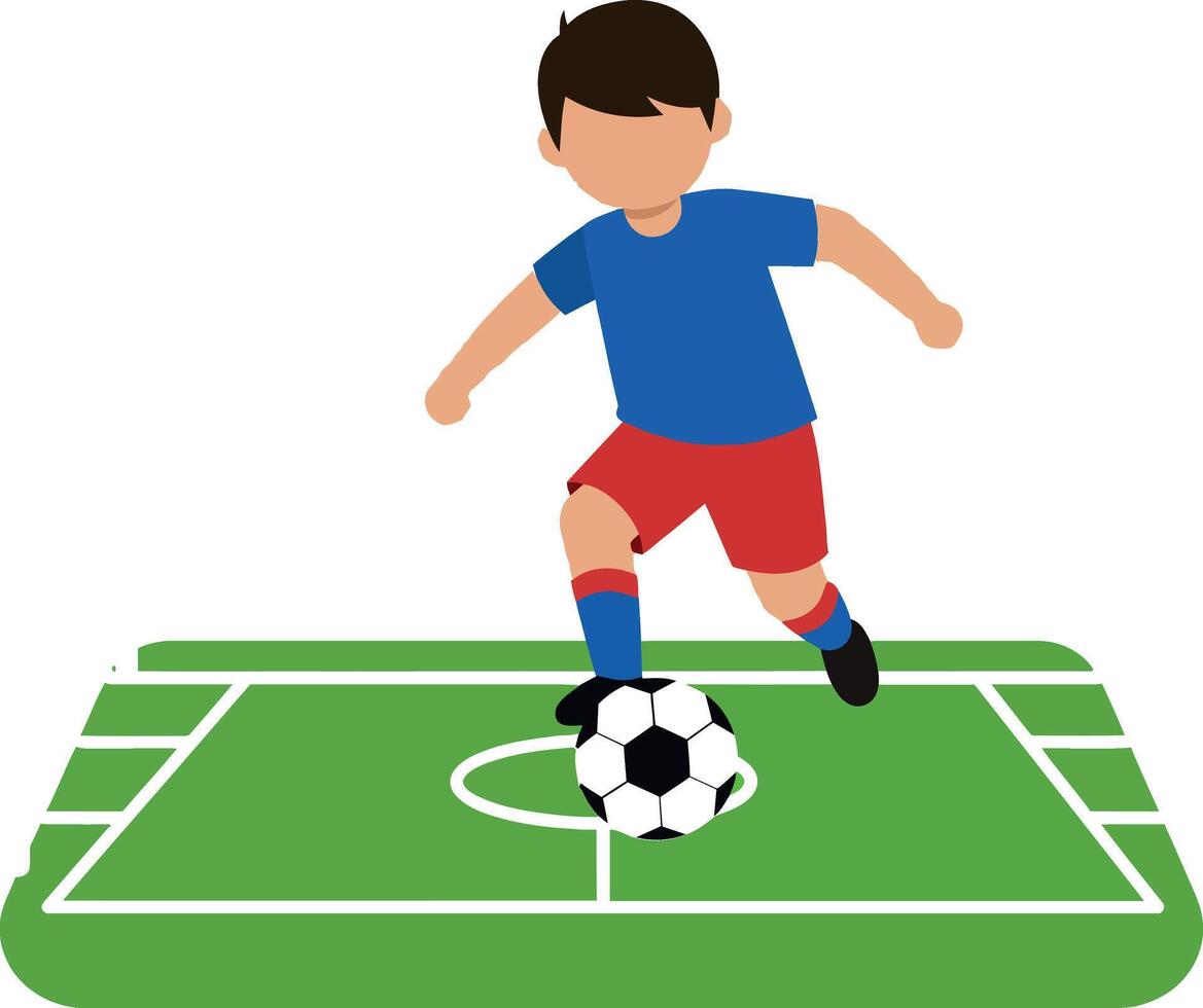 Young boy kicking a soccer ball on a green field art vector