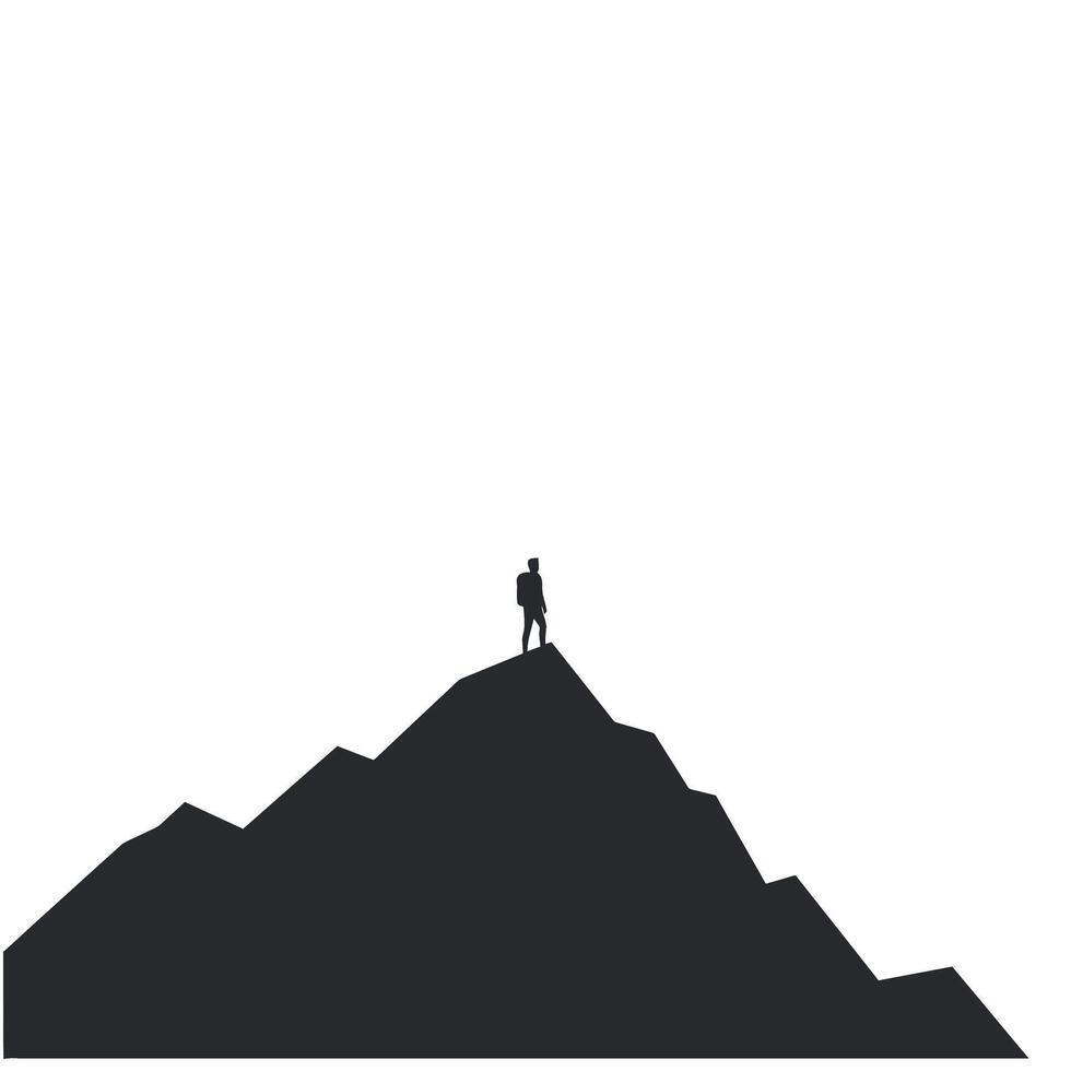 Silhouette of a climber on a mountain peak in flat art vector