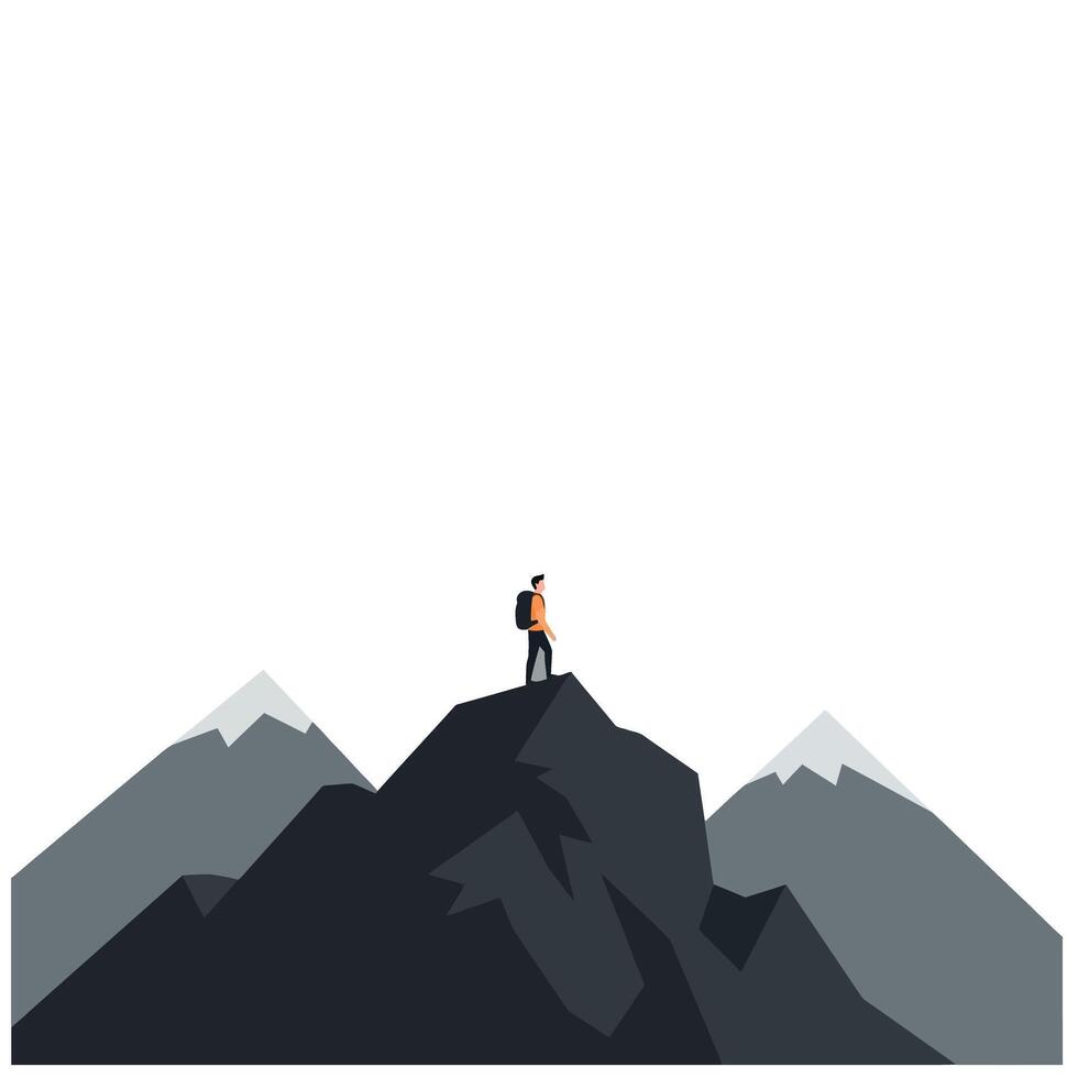 Hiker standing triumphantly on mountain peak in minimal art vector