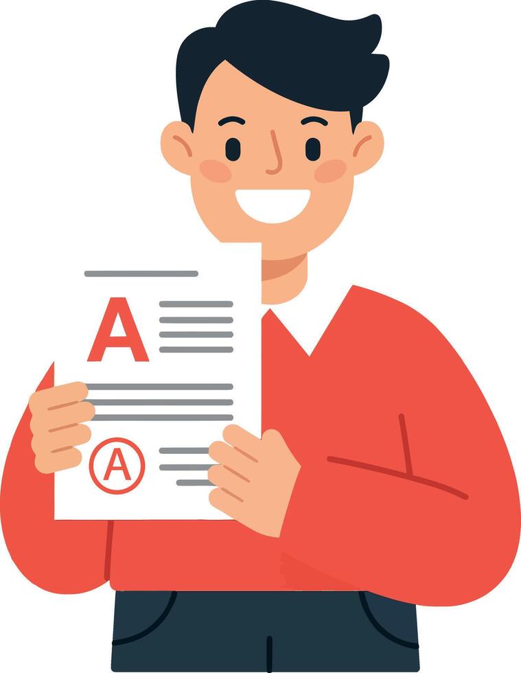 Happy student celebrating success with graded paper in flat art vector