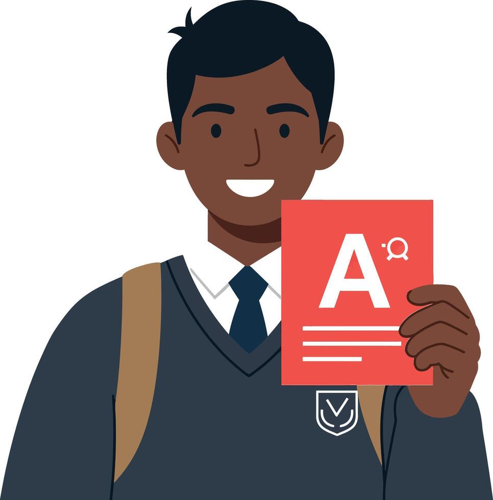 Student smiling while holding report card in flat illustration vector