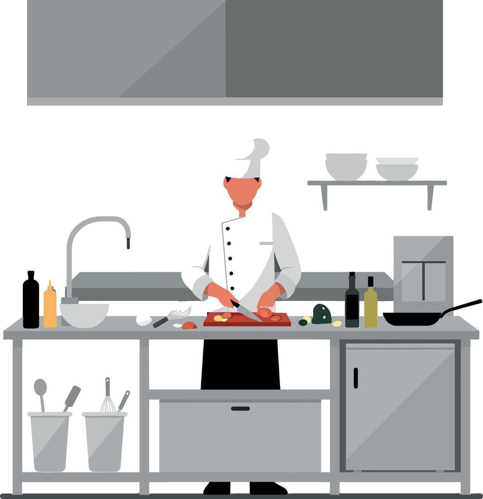 Chef preparing ingredients in modern kitchen flat art vector