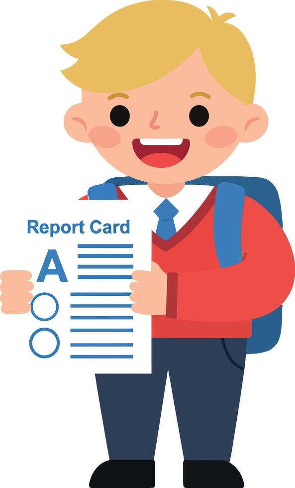 Happy schoolboy holding report card with excellent grades in flat art vector