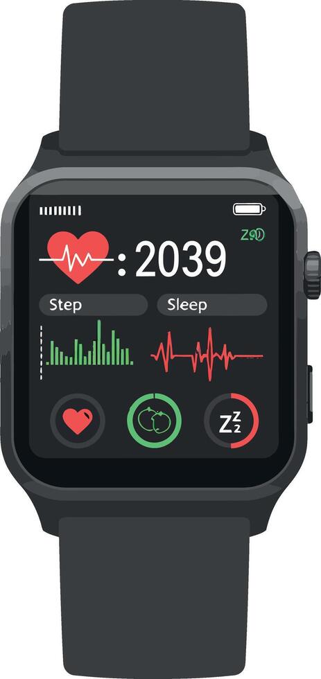 Smartwatch health monitor displaying heart rate and activity in flat art vector