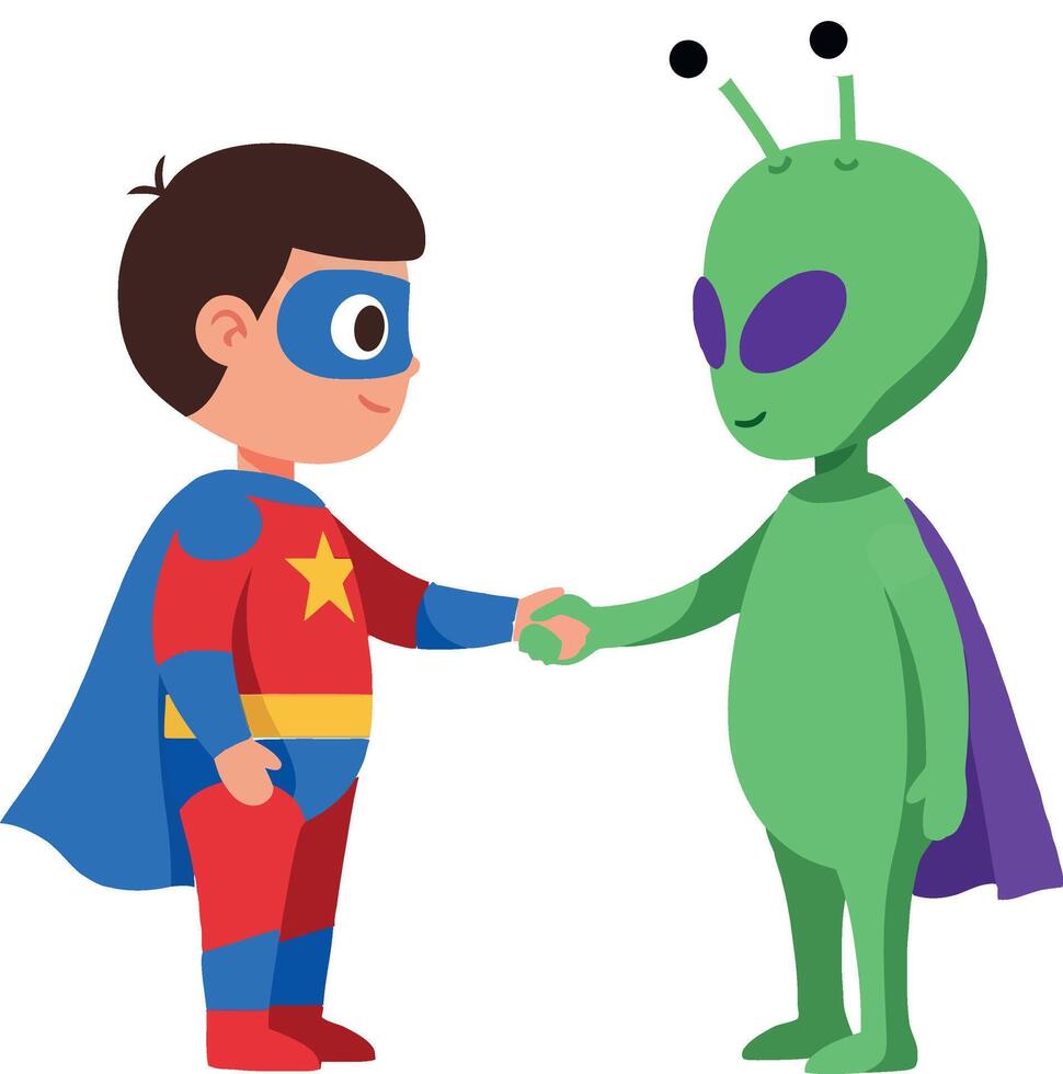 Superhero and alien shaking hands in flat art style vector