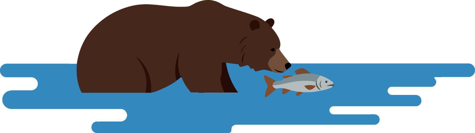 Bear catching fish in water, flat design art vector