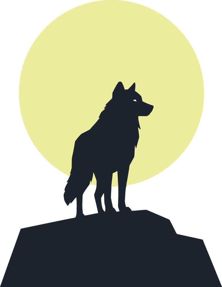 Wolf silhouette against a glowing yellow moon in flat art vector