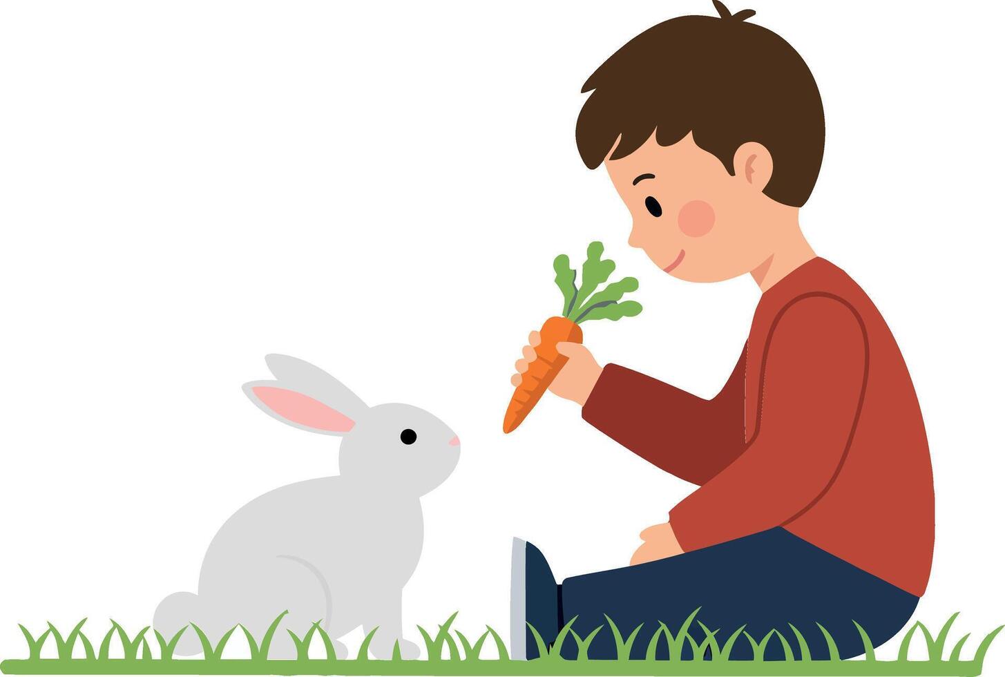 Boy offering carrot to rabbit in flat illustration vector
