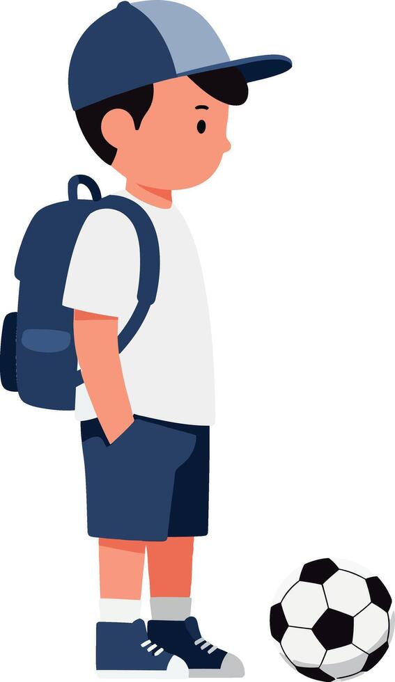 Young boy standing with a soccer ball in flat art vector