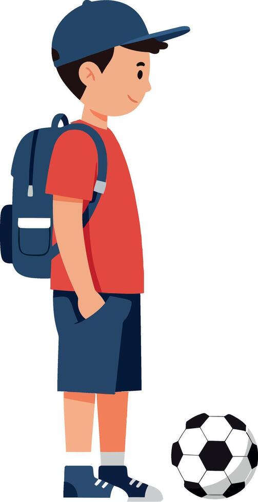 Boy with backpack standing next to soccer ball in flat art vector