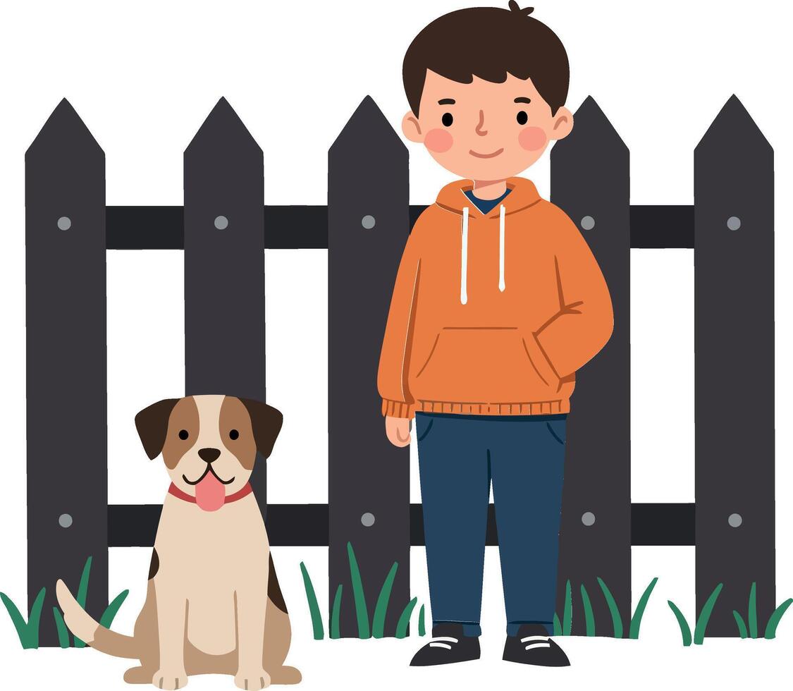 Happy boy standing beside his dog in flat art vector