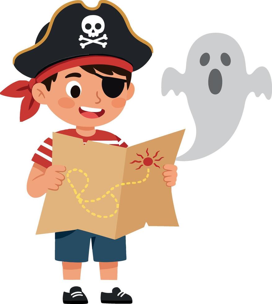 Pirate boy holding treasure map with friendly ghost in flat art vector