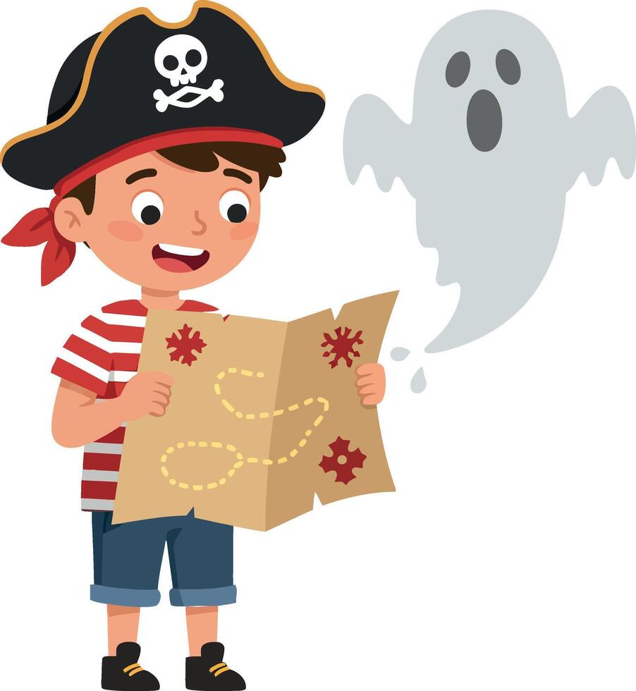 Pirate boy discovering treasure map with ghost in flat art vector