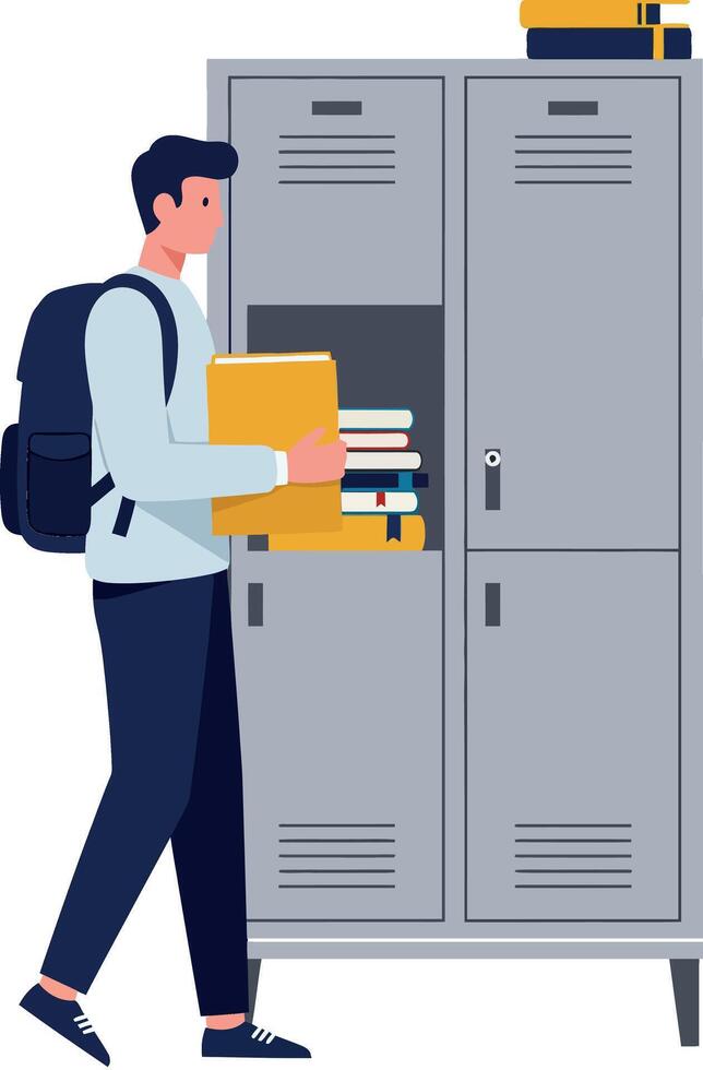 Person with backpack placing books into locker in flat art vector