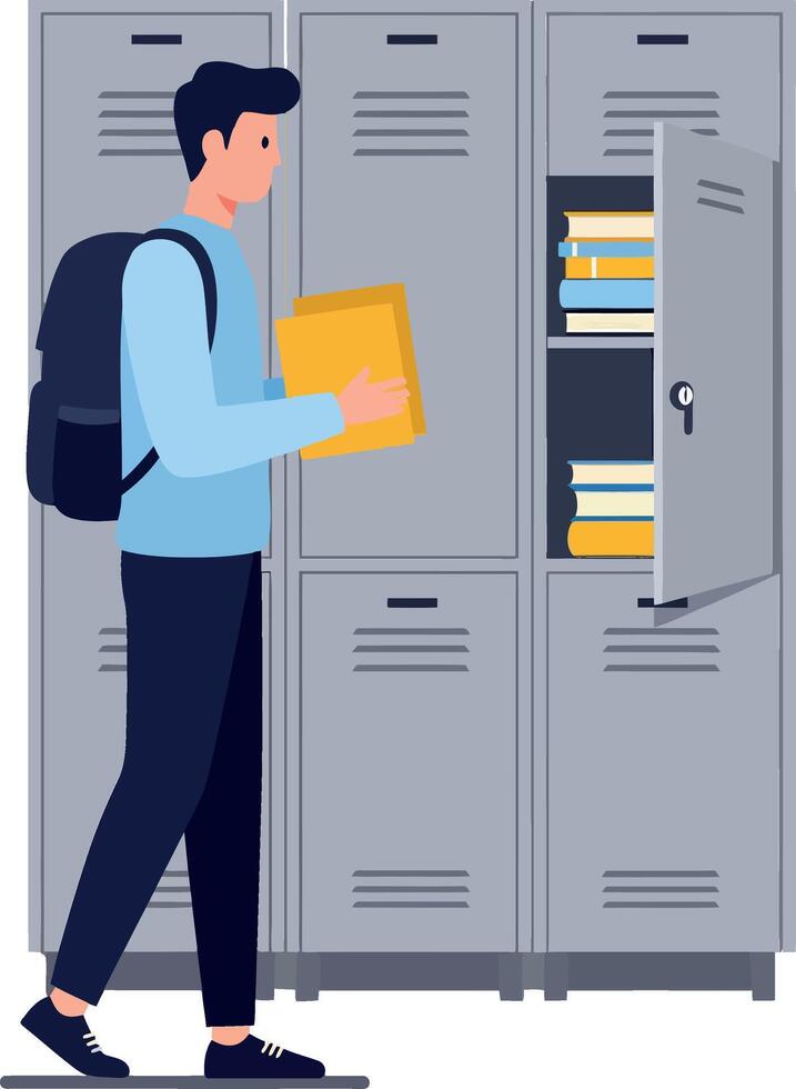 Person with backpack opening locker in flat art vector