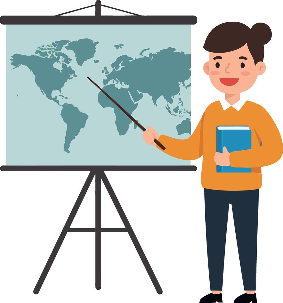 Teacher presenting a world map with pointer in flat art vector