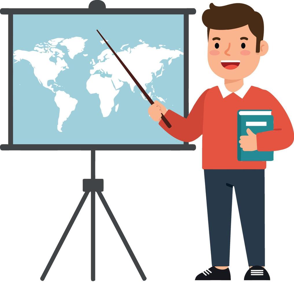Teacher presenting world map on easel in flat art vector