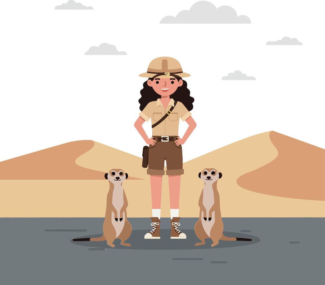 Woman zookeeper interacting with meerkats in flat illustration vector