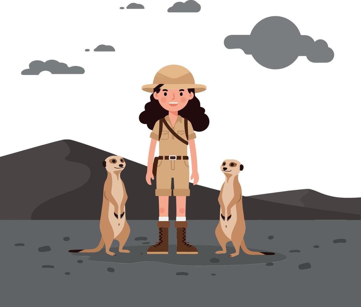 Meerkat researcher with animals in flat illustration style vector