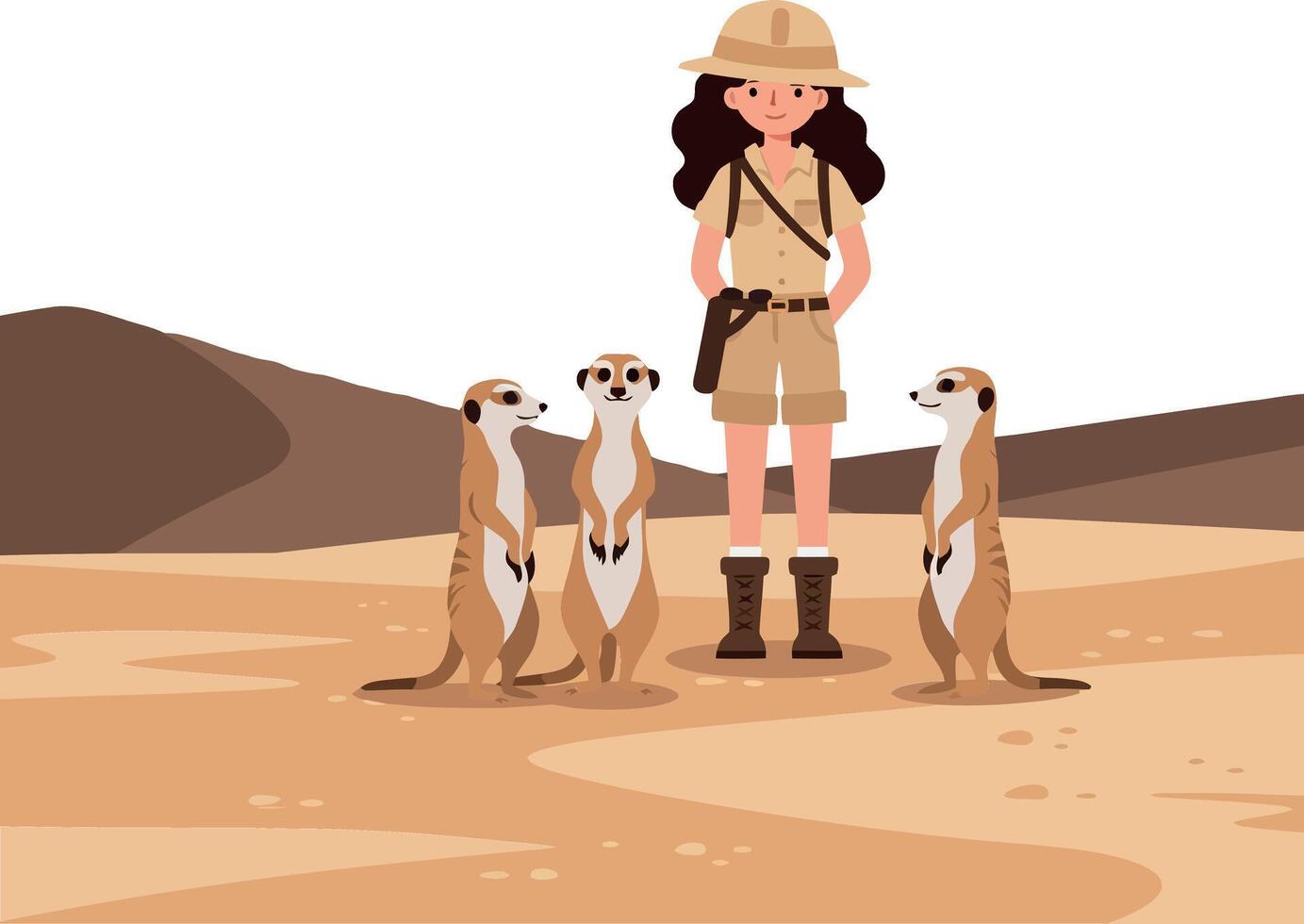 Adventurous explorer standing with friendly meerkats in flat art vector