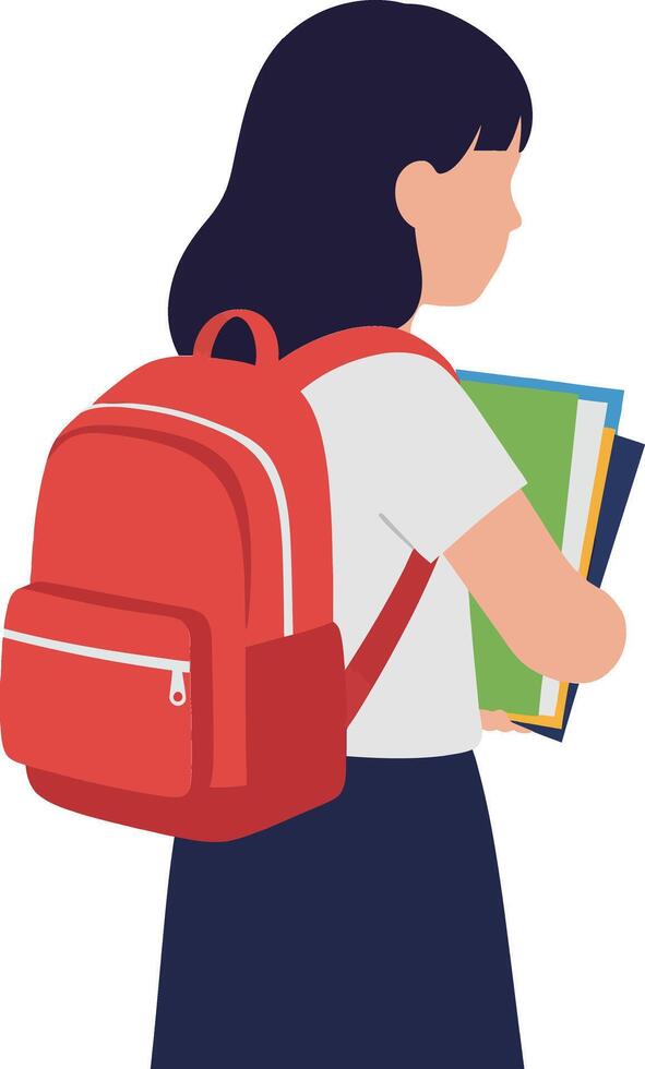 Student carrying colorful books with red backpack in flat art vector