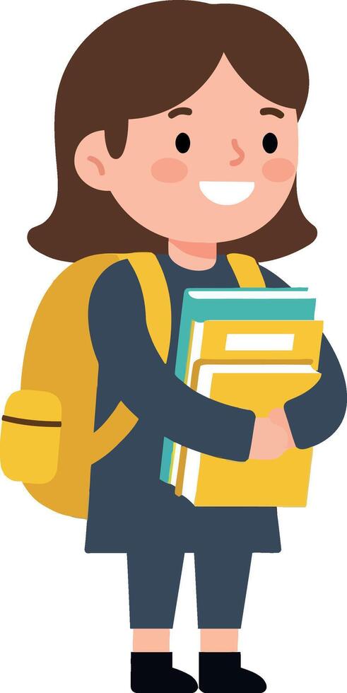 Happy student carrying books with yellow backpack in flat art vector