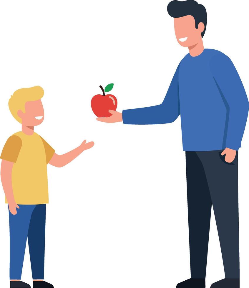 Father giving apple to child in flat illustration vector