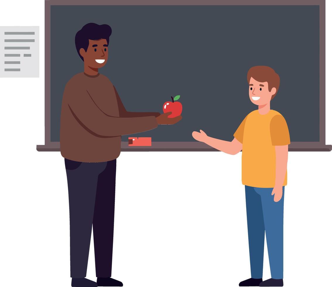 Teacher handing an apple to a student in flat art vector