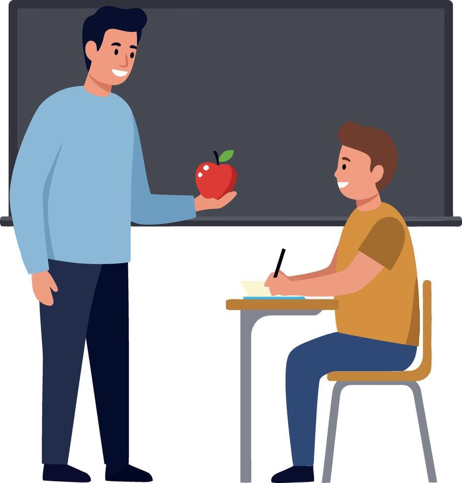 Teacher handing apple to student in flat illustration vector