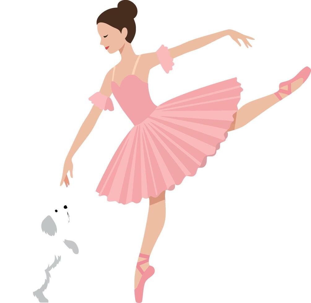 Ballerina performing gracefully with a playful dog in flat art vector