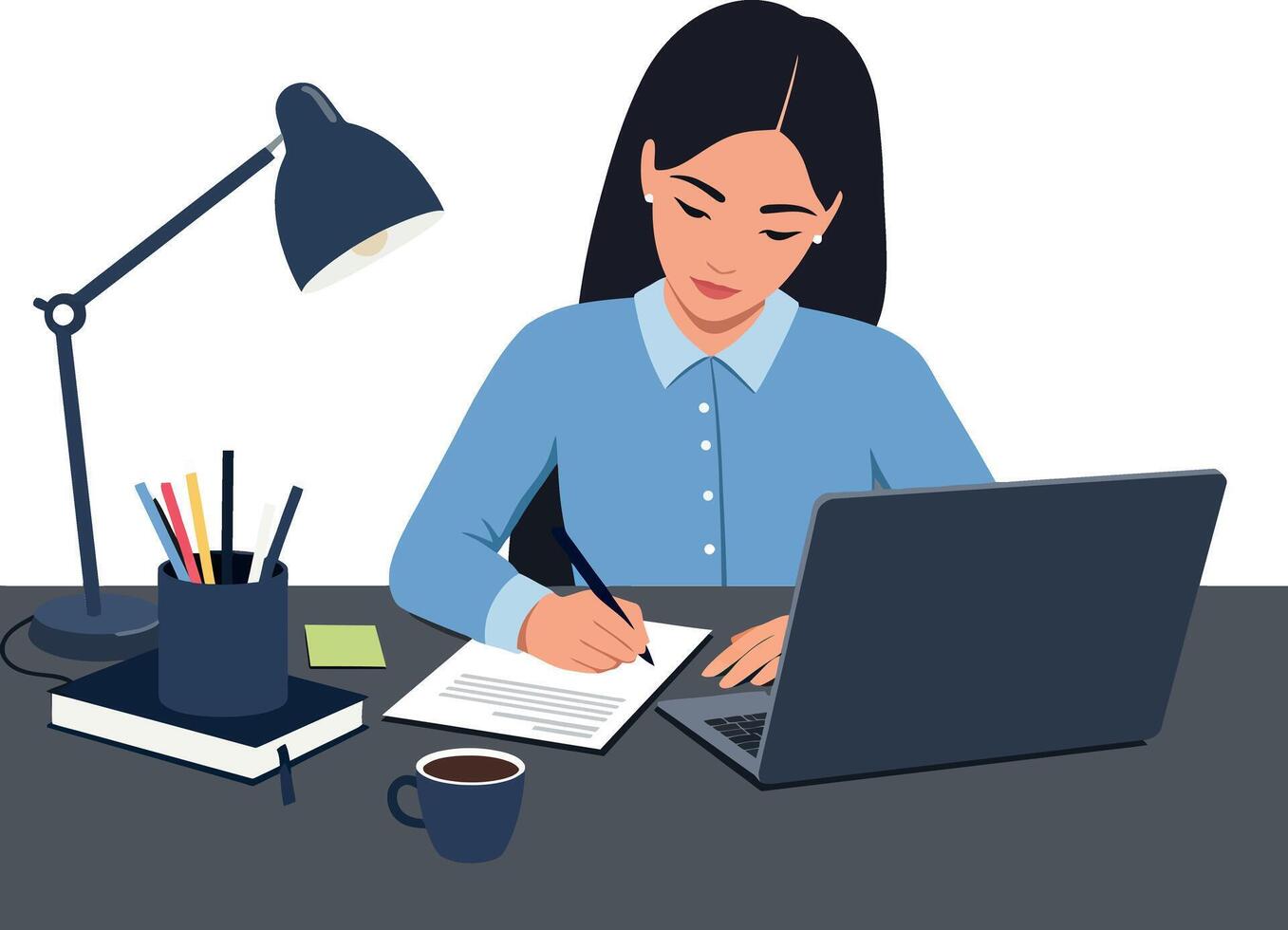 Young woman working at desk with laptop in flat art vector