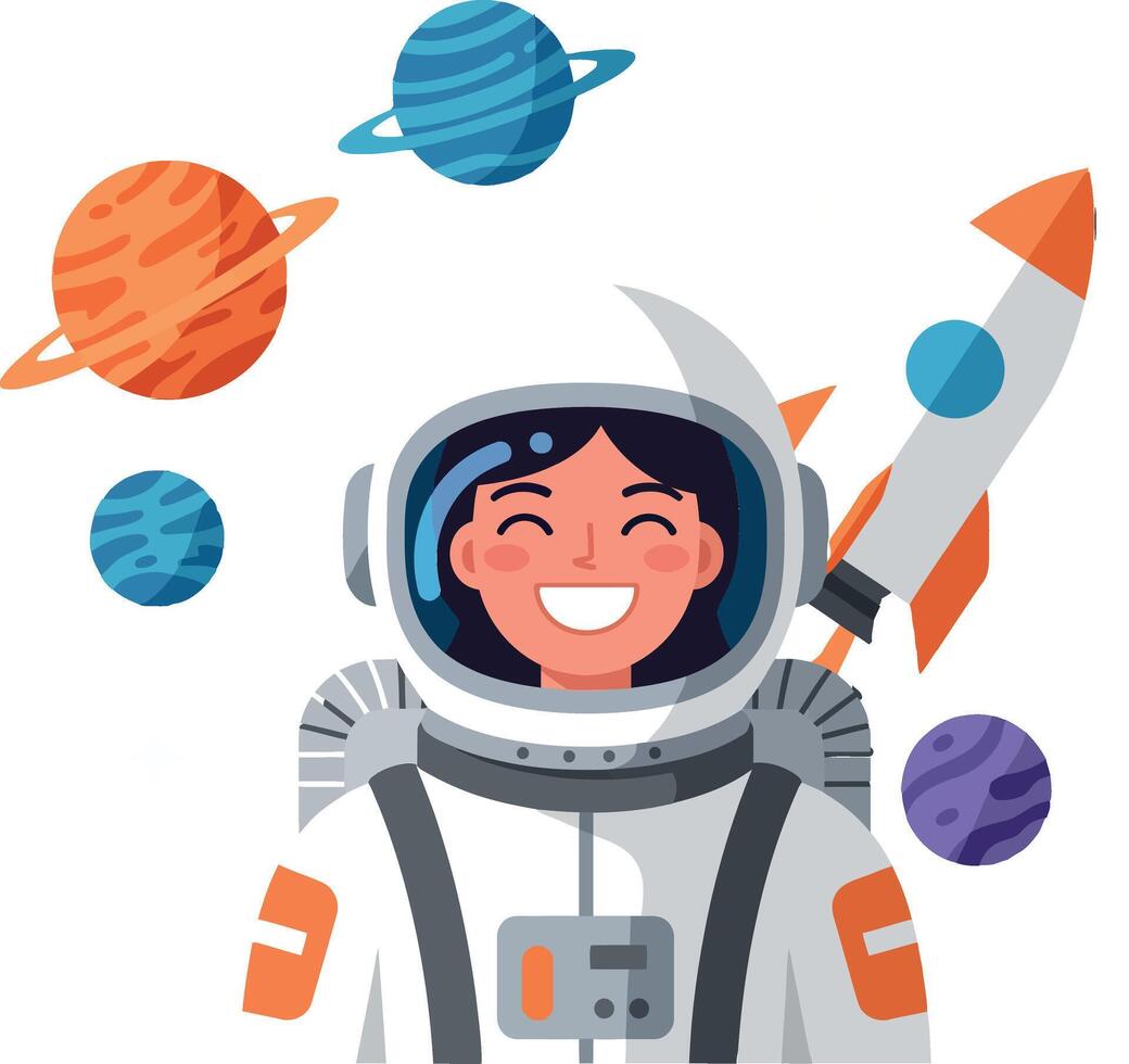 Cheerful astronaut in space with colorful planets and rocket art vector