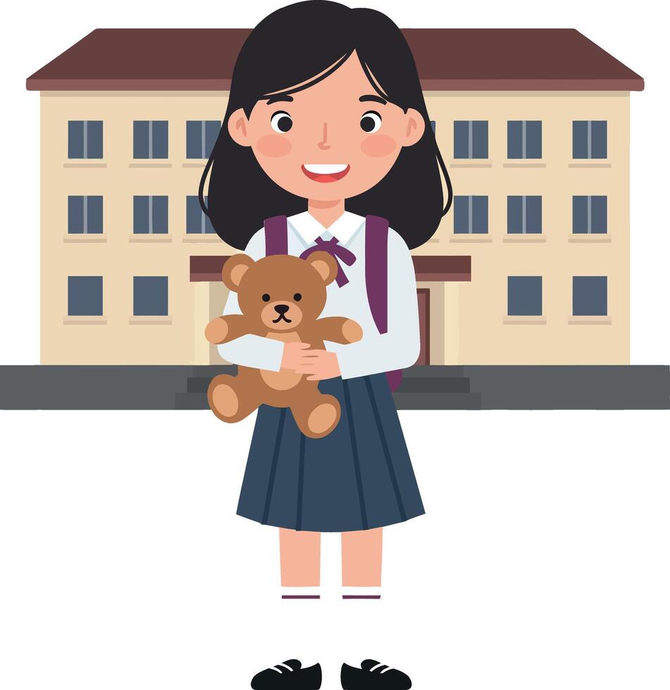 Girl holding teddy bear in school uniform flat art vector
