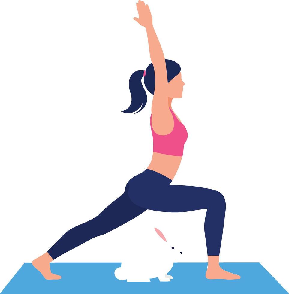 Woman practicing yoga in warrior pose with cute bunny art vector